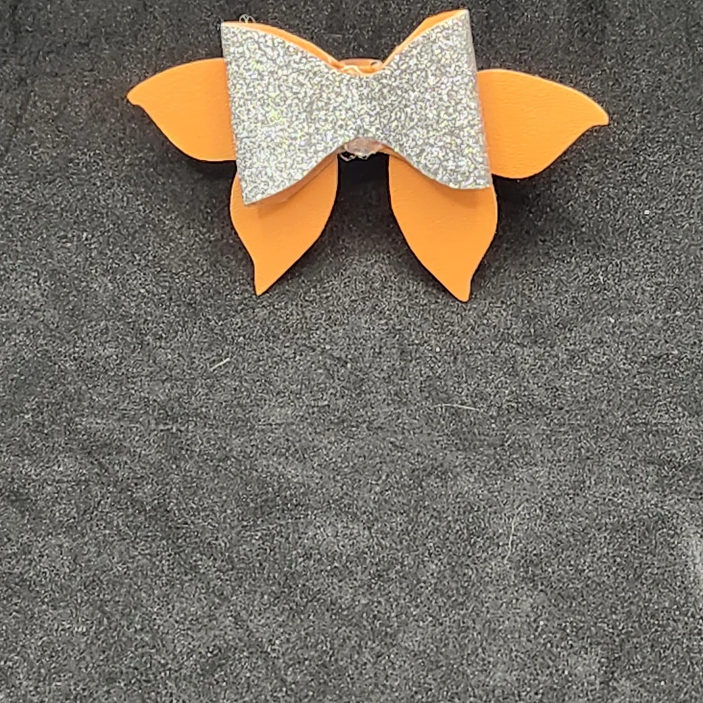 Hand Crafted Sparkling Silver and Orange Kids Hair Bow Faux Leather
